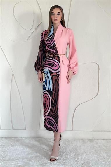 Pembe Dijital Garnili Pembe Atlas Elbise