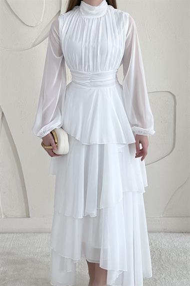 Beyaz Dik Yaka Bel Detaylı Elbise