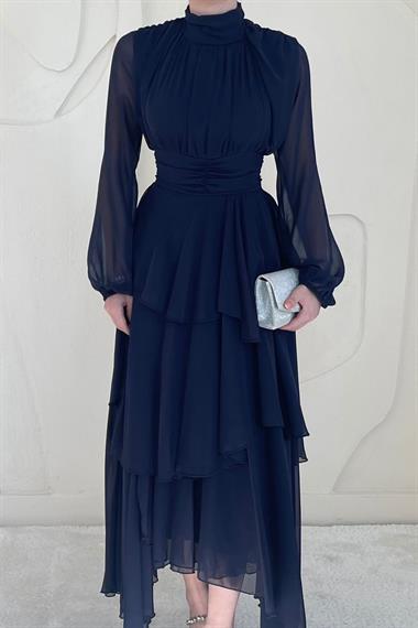 Lacivert Dik Yaka Bel Detaylı Elbise