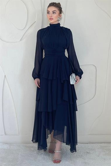 Lacivert Dik Yaka Bel Detaylı Elbise
