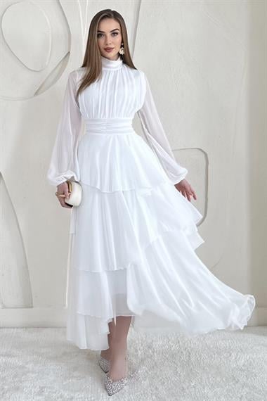Beyaz Dik Yaka Bel Detaylı Elbise