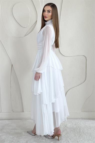 Beyaz Dik Yaka Bel Detaylı Elbise