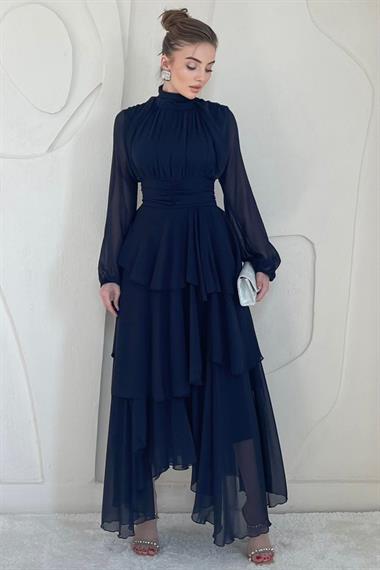 Lacivert Dik Yaka Bel Detaylı Elbise
