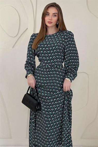 Yeşil Dökümlü Desenli Elbise