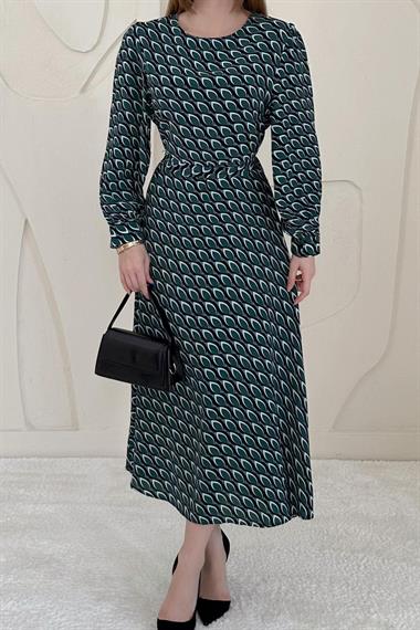 Yeşil Dökümlü Desenli Elbise