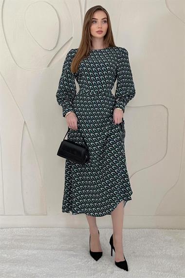 Yeşil Dökümlü Desenli Elbise