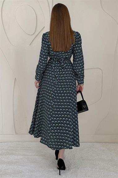 Yeşil Dökümlü Desenli Elbise