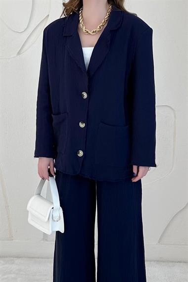 Lacivert Düğme Detaylı Oversize Müslin Takım