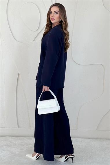 Lacivert Düğme Detaylı Oversize Müslin Takım