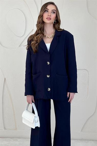 Lacivert Düğme Detaylı Oversize Müslin Takım