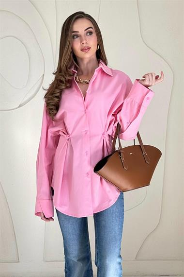 Pembe Düğme Detaylı Poplin Gömlek