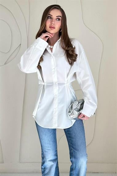 Beyaz Düğme Detaylı Poplin Gömlek
