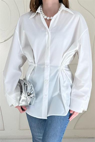 Beyaz Düğme Detaylı Poplin Gömlek
