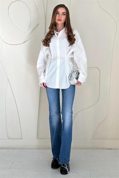 Beyaz Düğme Detaylı Poplin Gömlek