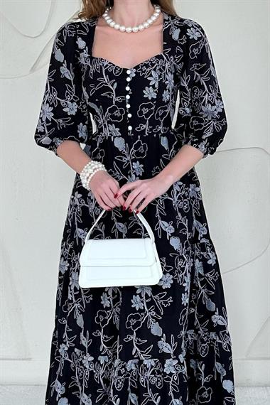 Siyah Düğmeli Brode Elbise