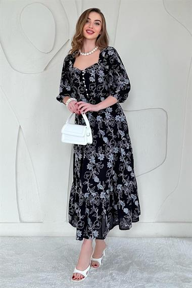 Siyah Düğmeli Brode Elbise