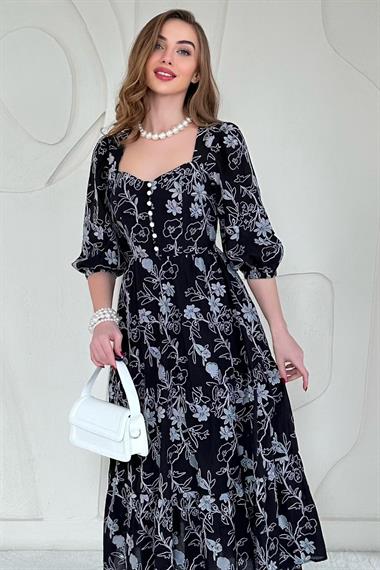 Siyah Düğmeli Brode Elbise