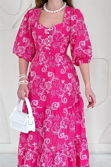 Fuşya Düğmeli Brode Elbise