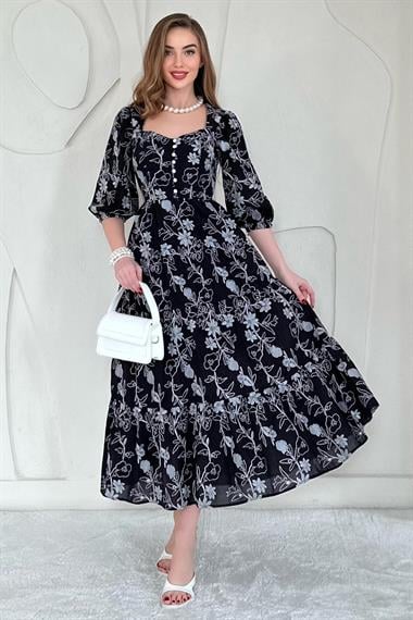 Siyah Düğmeli Brode Elbise