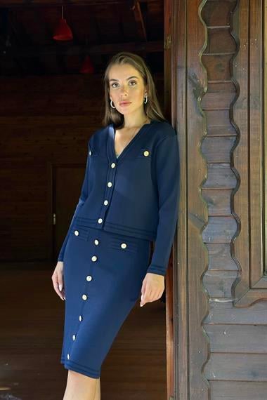 Lacivert Düğmeli Hırka ve Etek Takım