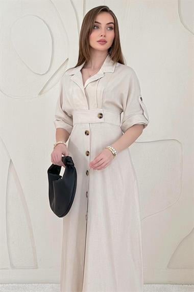 Bej Düğmeli Keten Elbise