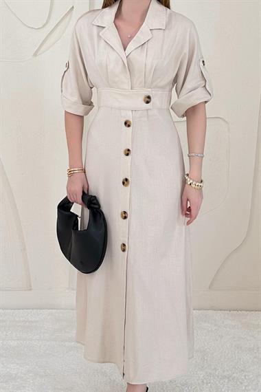 Bej Düğmeli Keten Elbise