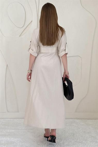 Bej Düğmeli Keten Elbise