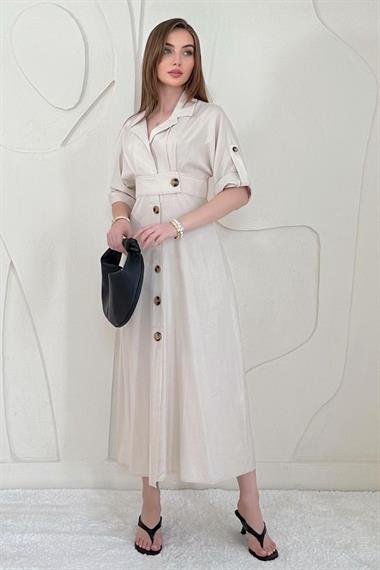 Bej Düğmeli Keten Elbise