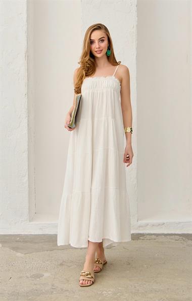 Ekru Askılı Parçalı Müslin Elbise