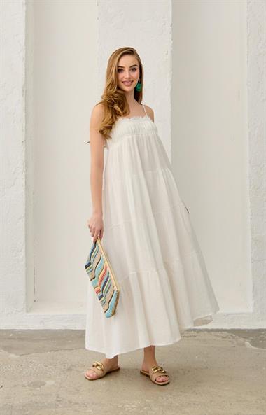 Ekru Askılı Parçalı Müslin Elbise