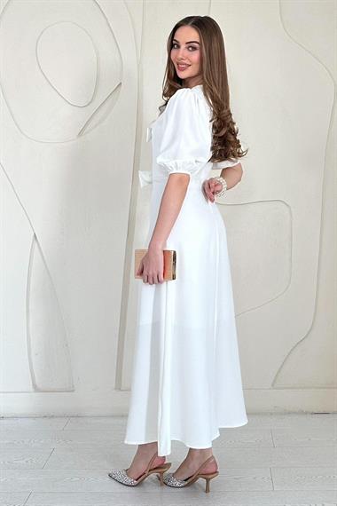 Ekru Fiyonk Detaylı  Midi Elbise