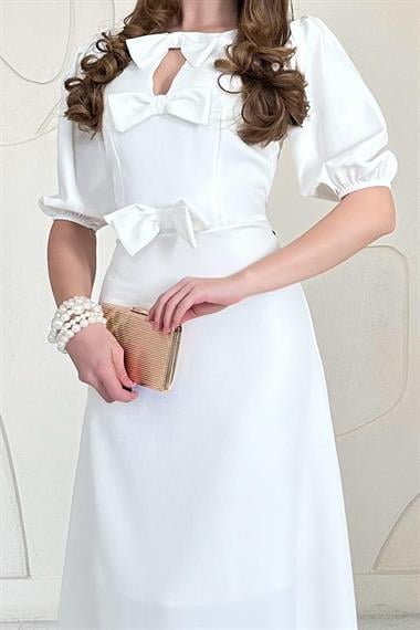 Ekru Fiyonk Detaylı  Midi Elbise