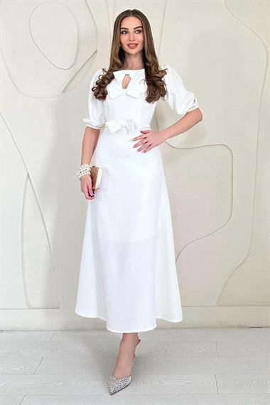 Ekru Fiyonk Detaylı  Midi Elbise