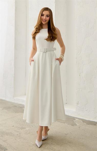 Ekru Halter Yaka Kloş Elbise
