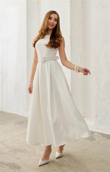 Ekru Halter Yaka Kloş Elbise