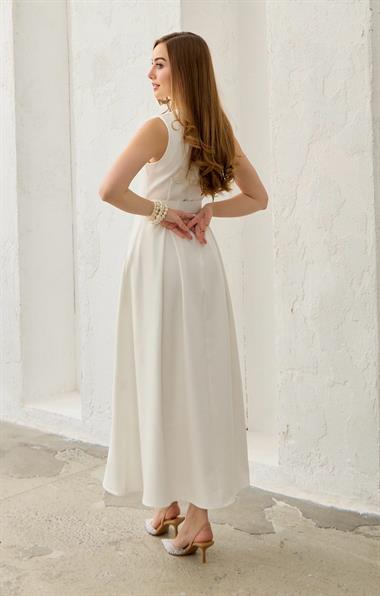 Ekru Halter Yaka Kloş Elbise