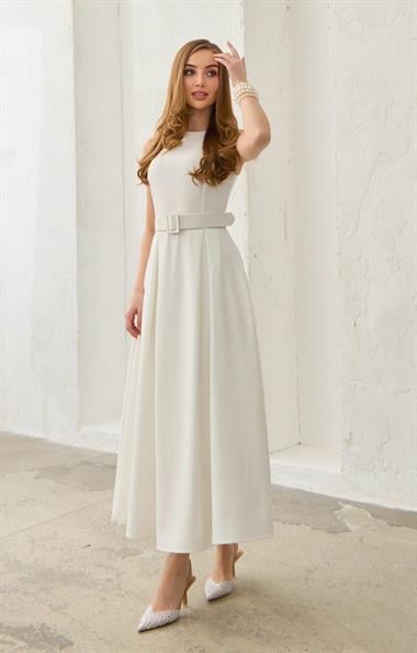 Ekru Halter Yaka Kloş Elbise