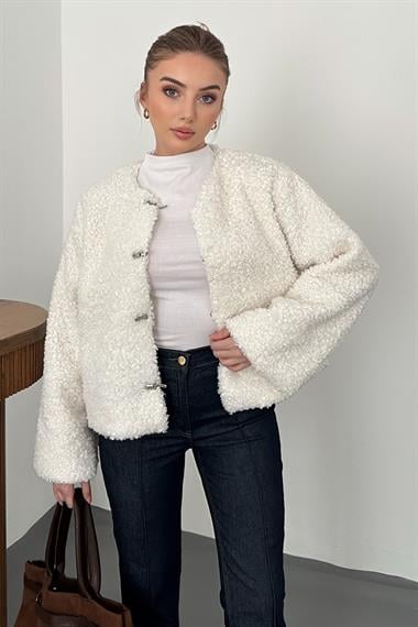 Ekru Peluş Kısa Ceket
