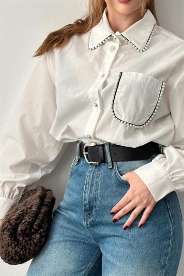 Ekru Taşlı Poplin Gömlek