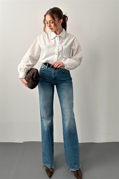 Ekru Taşlı Poplin Gömlek