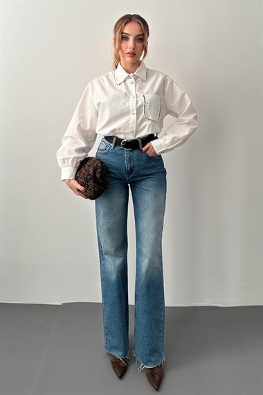 Ekru Taşlı Poplin Gömlek