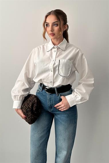 Ekru Taşlı Poplin Gömlek