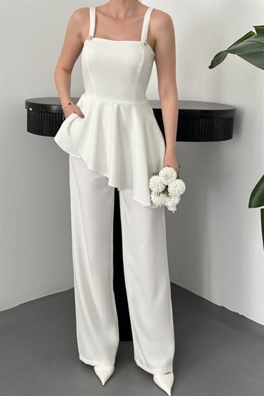 Ekru Volanlı Bluz Ve Pantolon Takım