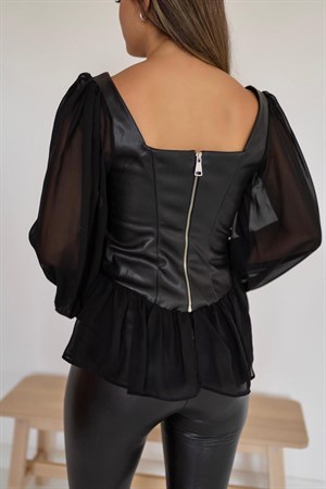 Siyah Bel Fermuar Detay Bluz