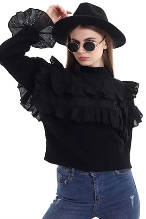 Siyah Brodeli Kat Kat Bluz