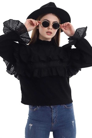 Siyah Brodeli Kat Kat Bluz