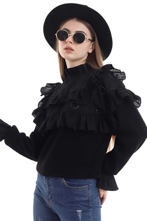 Siyah Brodeli Kat Kat Bluz