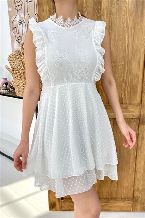 Beyaz Çiçek Desenli Astarlı Elbise