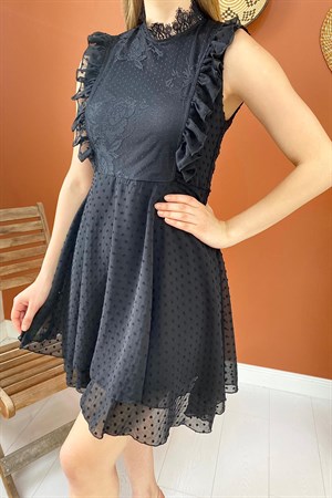 Siyah Çiçek Desenli Astarlı Elbise