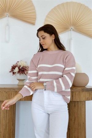 Pudra Çizgili Triko Kazak